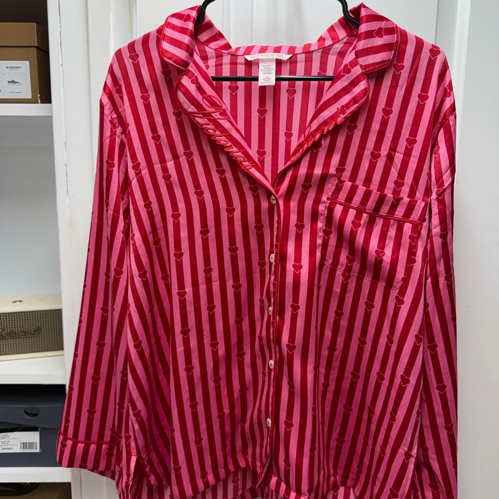 Victoria's Secret Pink and Red Striped Heart Satin Pajama Top